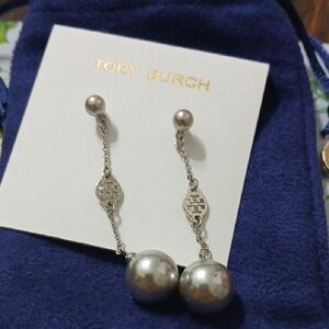 Tory Burch Silver Pearl Drop Earrings